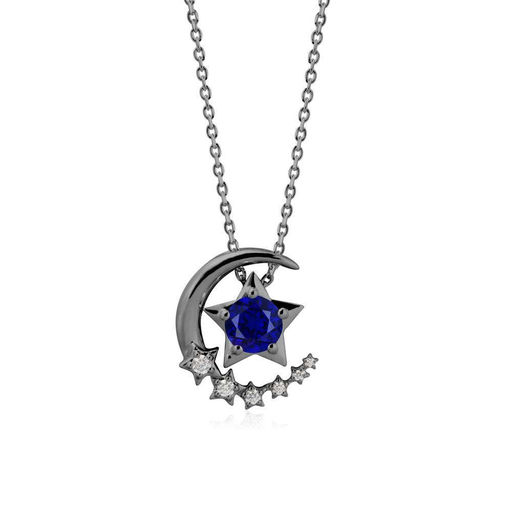 Sapphire Swinging Star and Crescent Moon Necklace - LUO Jewelry #metal_black finish sterling silver