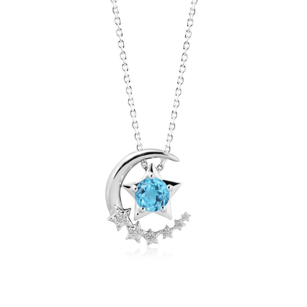 Swinging Star and Crescent Moon Swiss Blue Topaz Necklace - LUO Jewelry #metal_14k white gold