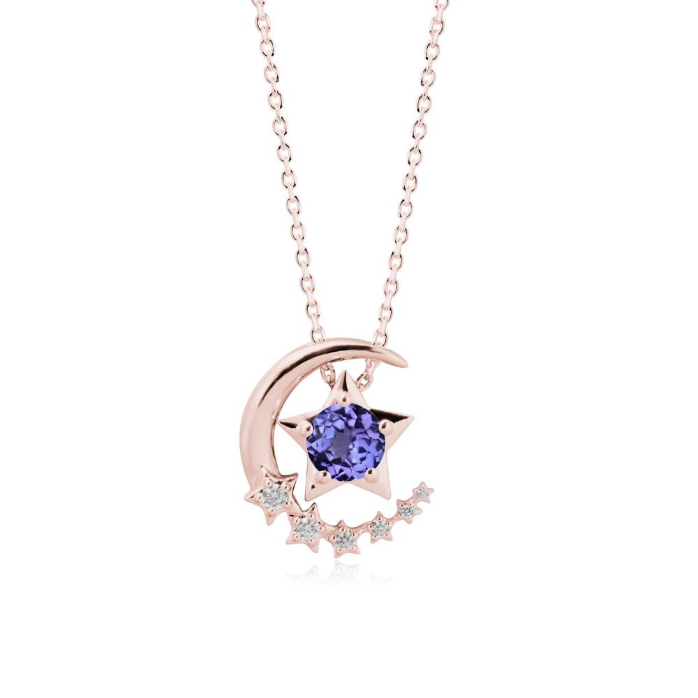 Tanzanite Swinging Star and Crescent Moon Necklace - LUO Jewelry #metal_18k rose gold