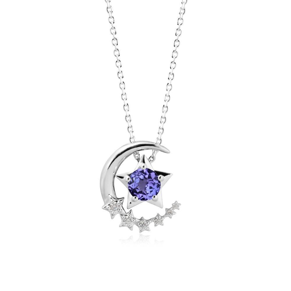 Tanzanite Swinging Star and Crescent Moon Necklace - LUO Jewelry #metal_18k white gold