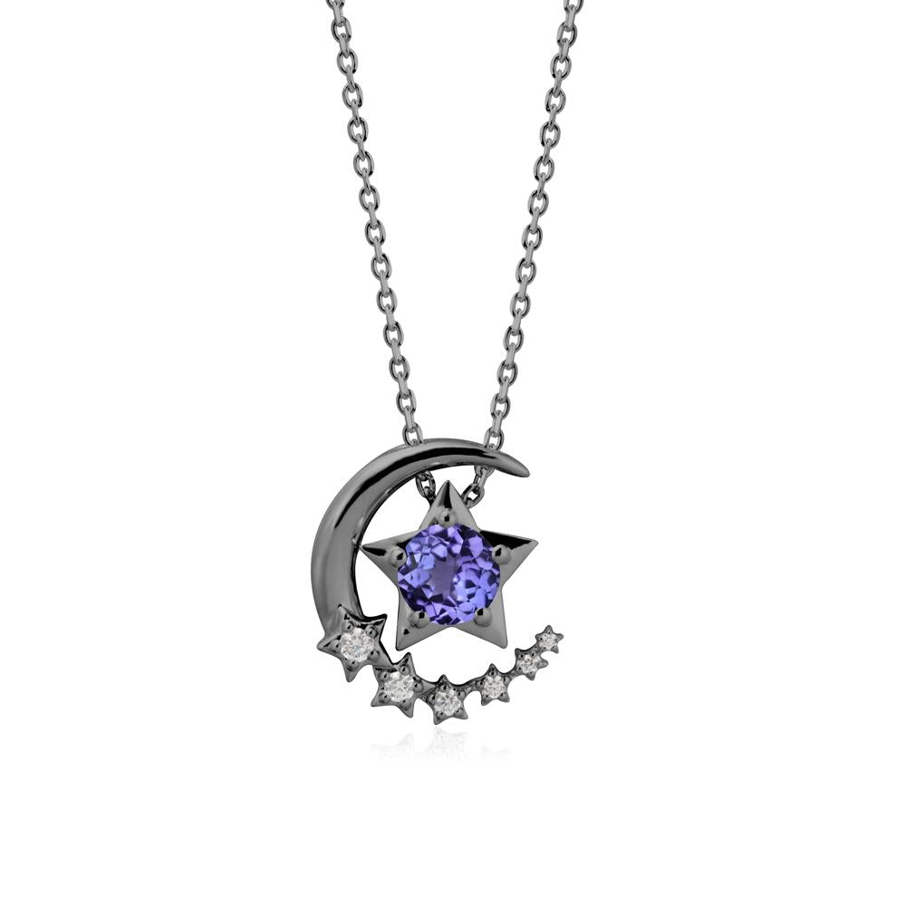 Tanzanite Swinging Star and Crescent Moon Necklace - LUO Jewelry #metal_black finish sterling silver