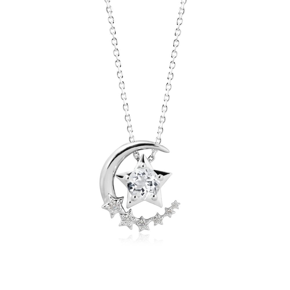 Star and Crescent Moon White Topaz Pendant Necklace - LUO Jewelry #metal_18k white gold