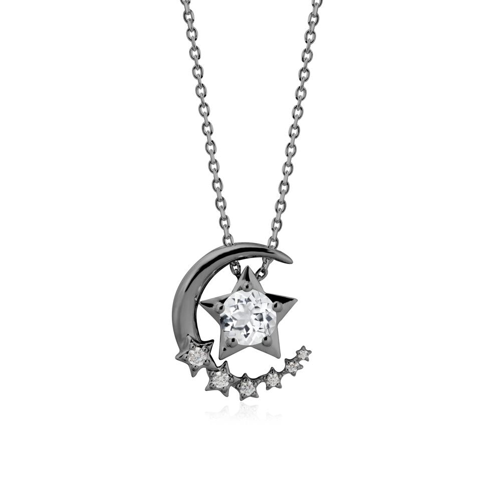 Star and Crescent Moon White Topaz Pendant Necklace - LUO Jewelry #metal_black finish sterling silver