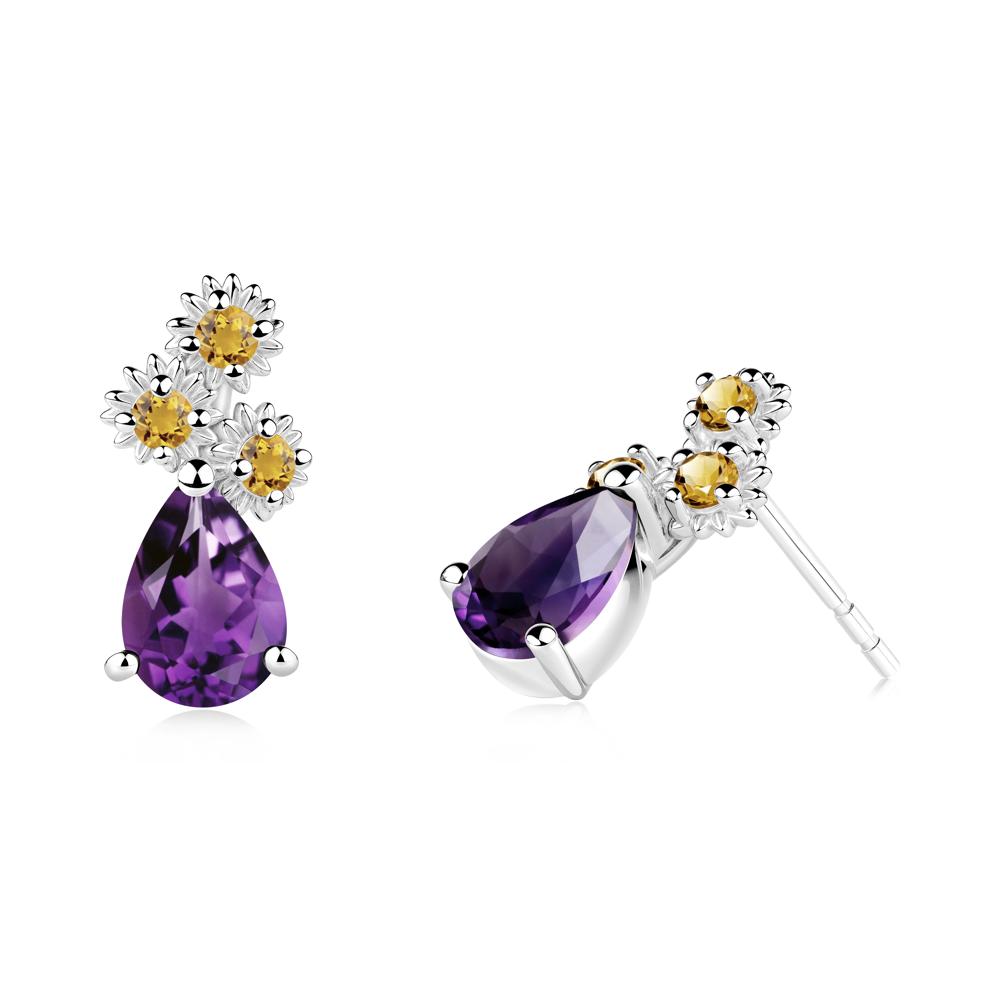 Teardrop Amethyst and Citrine Flower Stud Earrings - LUO Jewelry #metal_14k white gold
