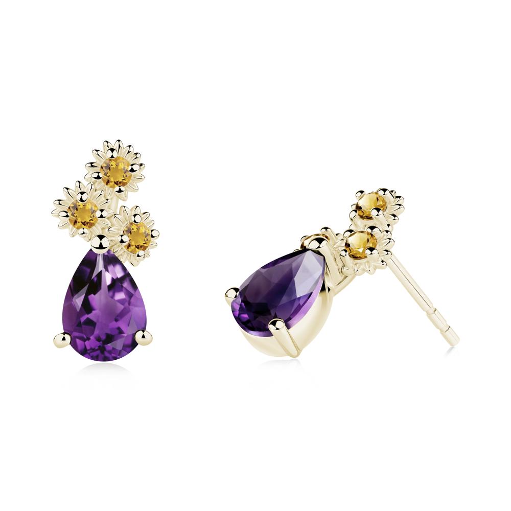 Teardrop Amethyst and Citrine Flower Stud Earrings - LUO Jewelry #metal_14k yellow gold