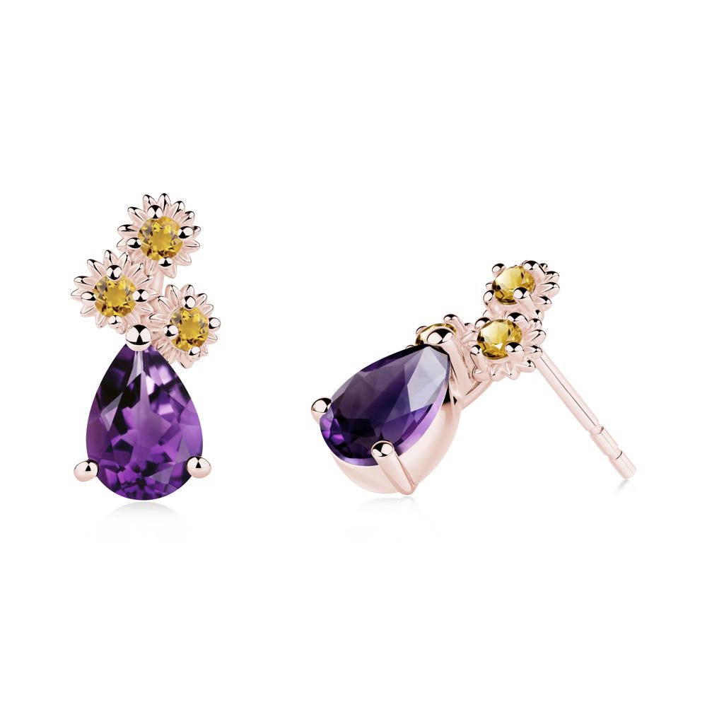 Teardrop Amethyst and Citrine Flower Stud Earrings - LUO Jewelry #metal_18k rose gold