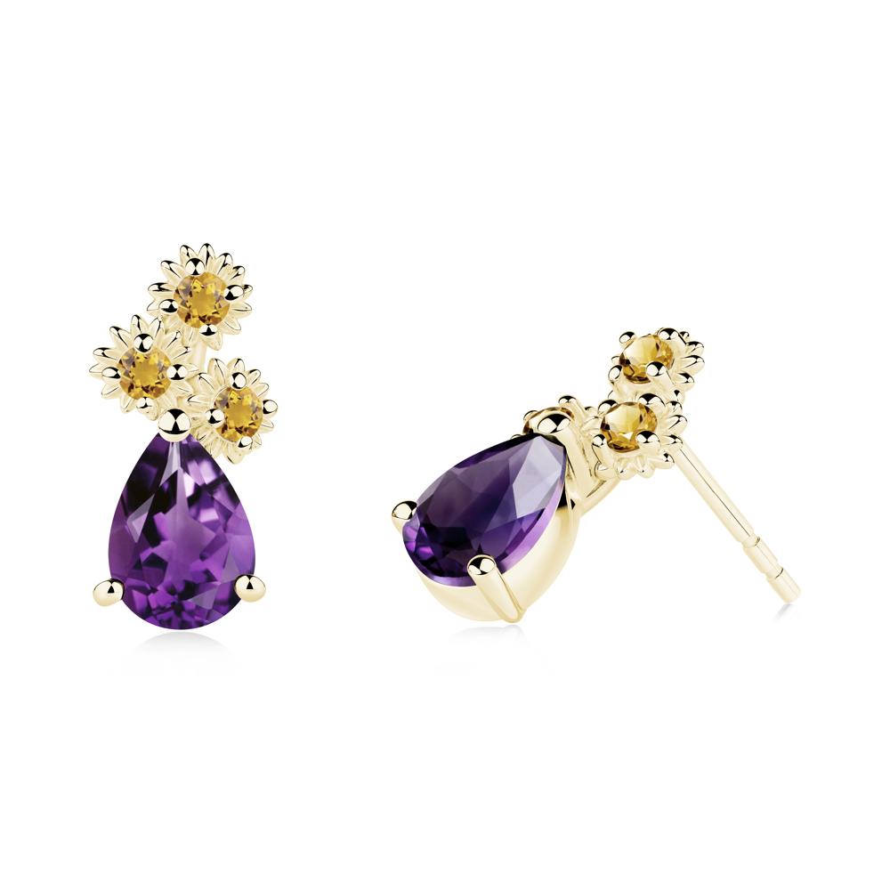 Teardrop Amethyst and Citrine Flower Stud Earrings - LUO Jewelry #metal_18k yellow gold