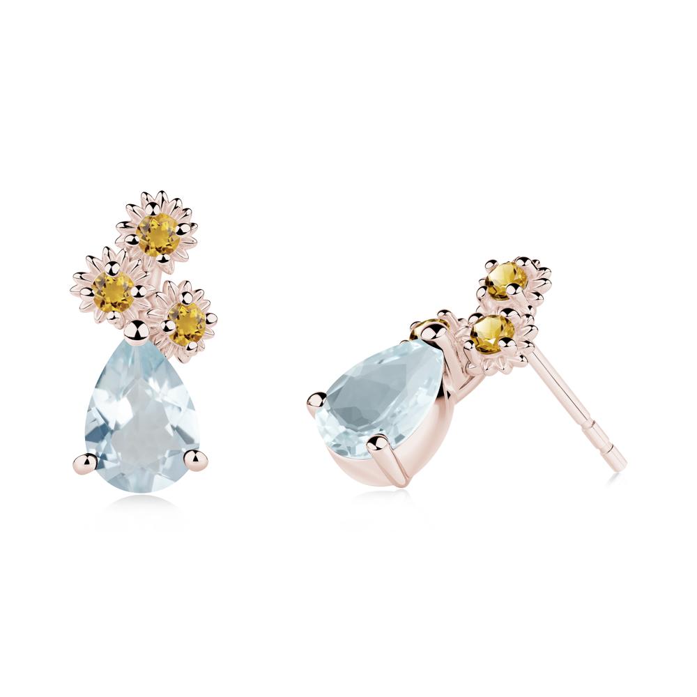 Pear Shaped Aquamarine and Citrine Sunflower Stud Earrings - LUO Jewelry #metal_14k rose gold
