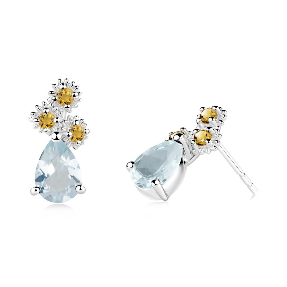 Pear Shaped Aquamarine and Citrine Sunflower Stud Earrings - LUO Jewelry #metal_14k white gold