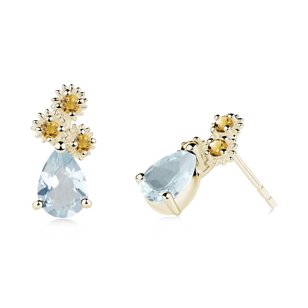 Pear Shaped Aquamarine and Citrine Sunflower Stud Earrings - LUO Jewelry #metal_14k yellow gold