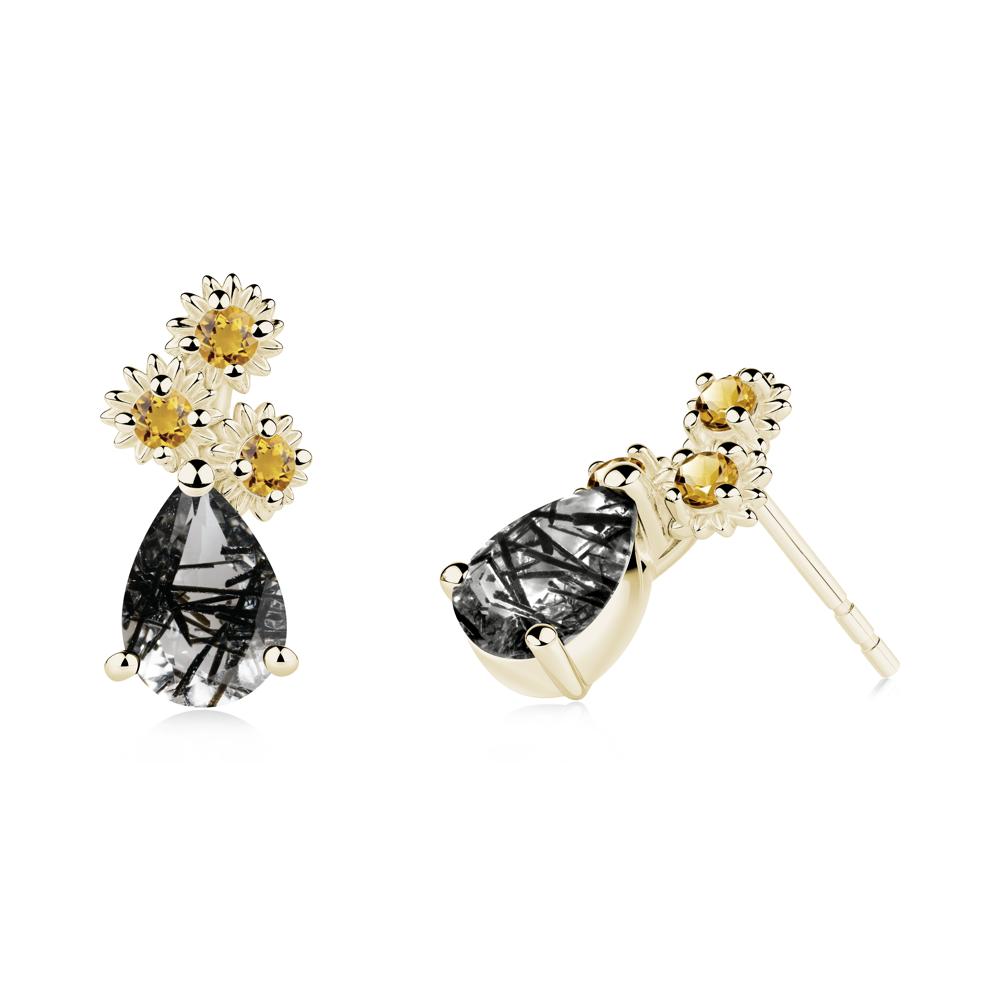 Teardrop Black Rutilated Quartz and Citrine Flower Stud Earrings - LUO Jewelry #metal_14k yellow gold