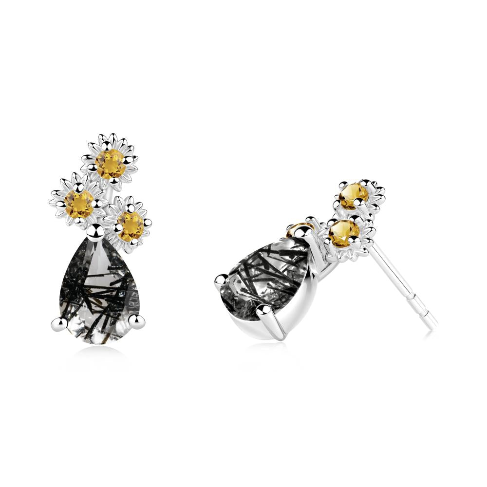 Teardrop Black Rutilated Quartz and Citrine Flower Stud Earrings - LUO Jewelry #metal_18k white gold
