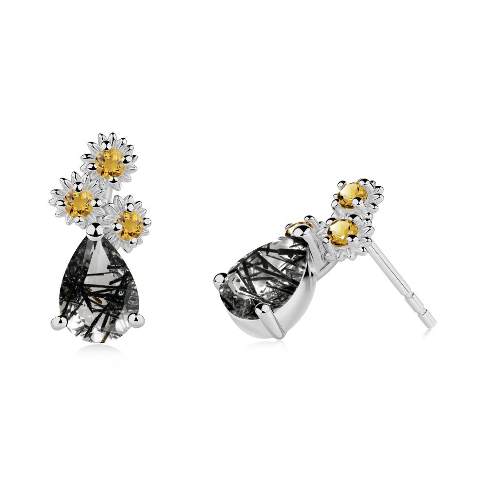Teardrop Black Rutilated Quartz and Citrine Flower Stud Earrings - LUO Jewelry #metal_platinum