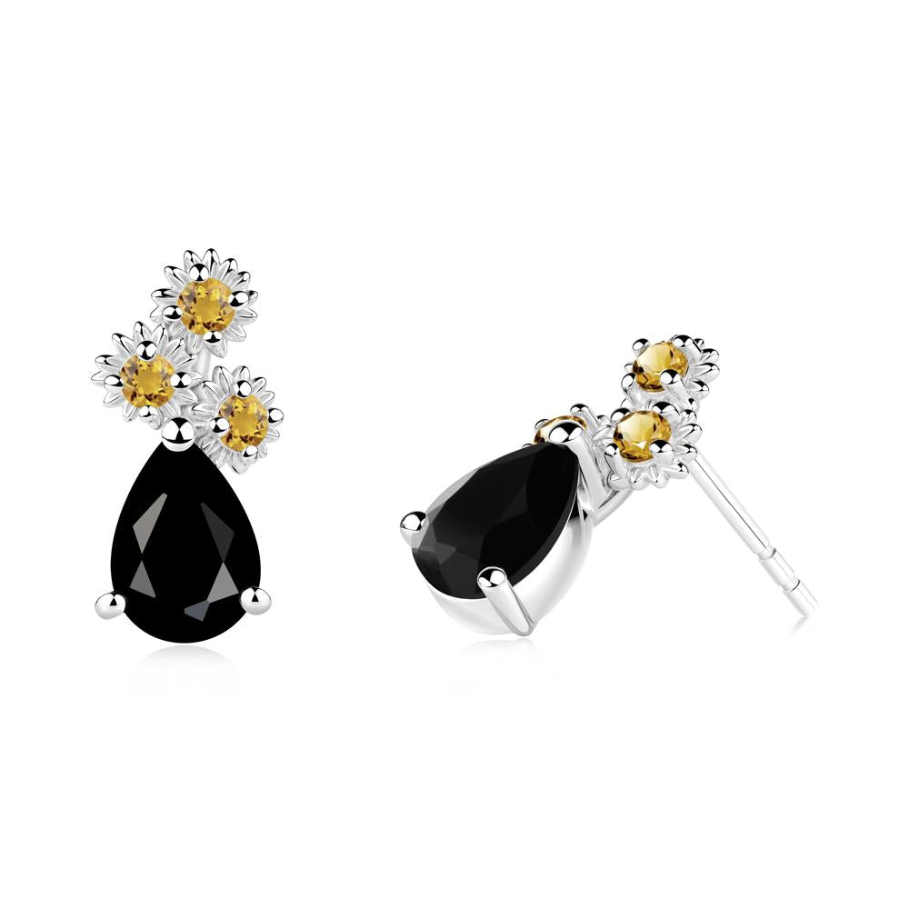 Teardrop Black Spinel and Citrine Flower Stud Earrings - LUO Jewelry #metal_14k white gold