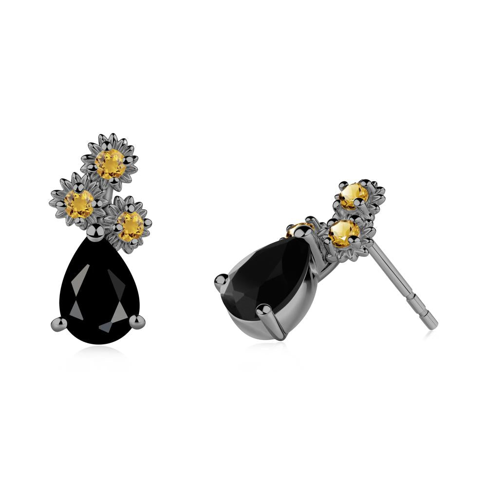 Teardrop Black Spinel and Citrine Flower Stud Earrings - LUO Jewelry #metal_black finish sterling silver