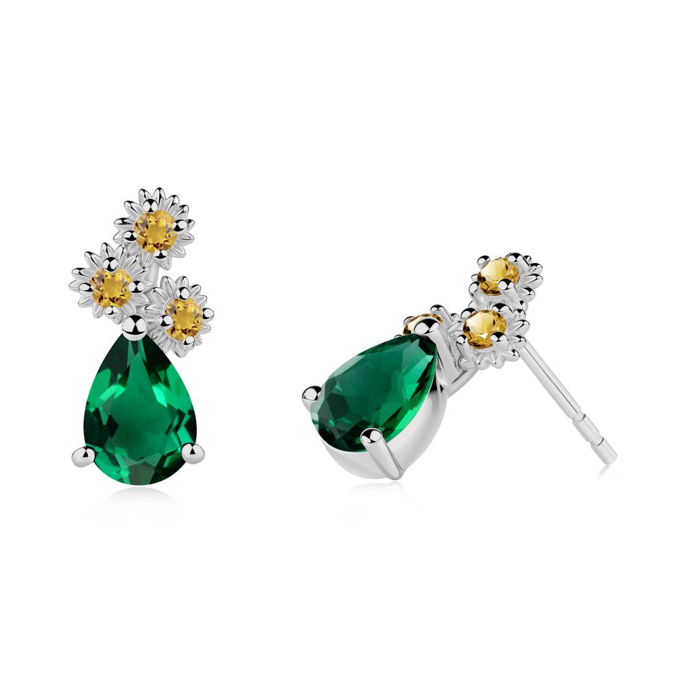 Pear Shaped Emerald and Citrine Sunflower Stud Earrings - LUO Jewelry #metal_platinum