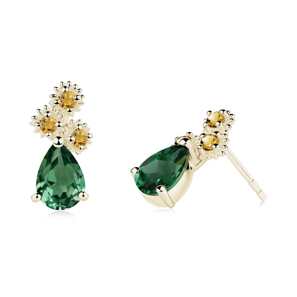 Pear Shaped Green Sapphire and Citrine Sunflower Stud Earrings - LUO Jewelry #metal_14k yellow gold