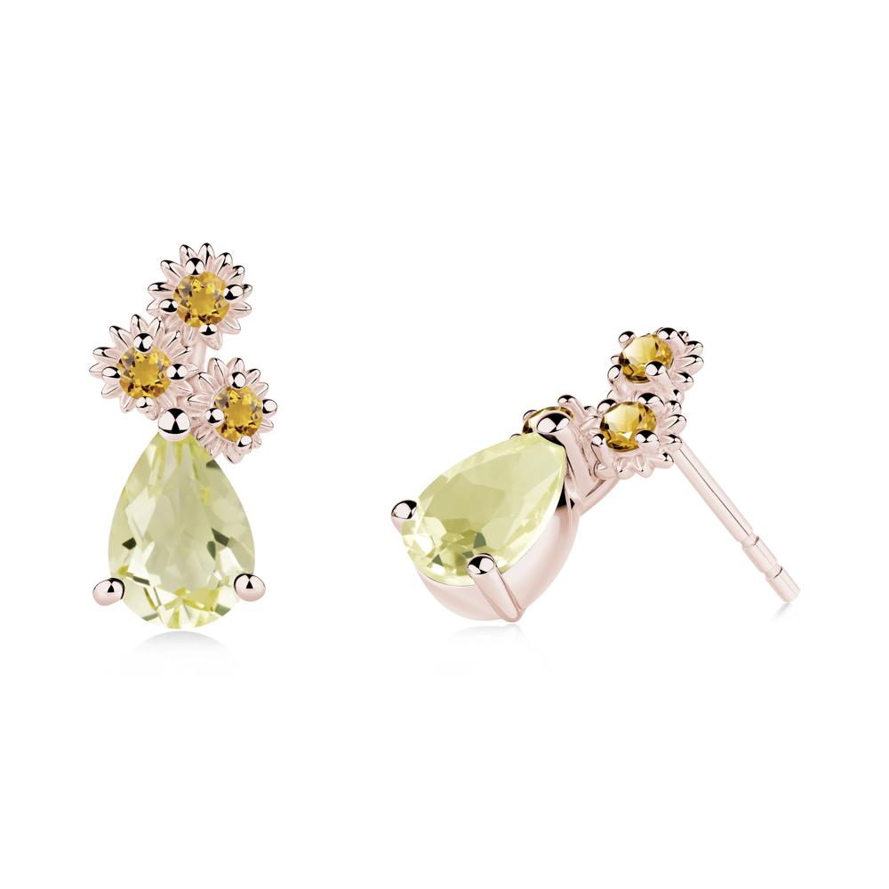 Pear Shaped Lemon Quartz and Citrine Sunflower Stud Earrings - LUO Jewelry #metal_14k rose gold