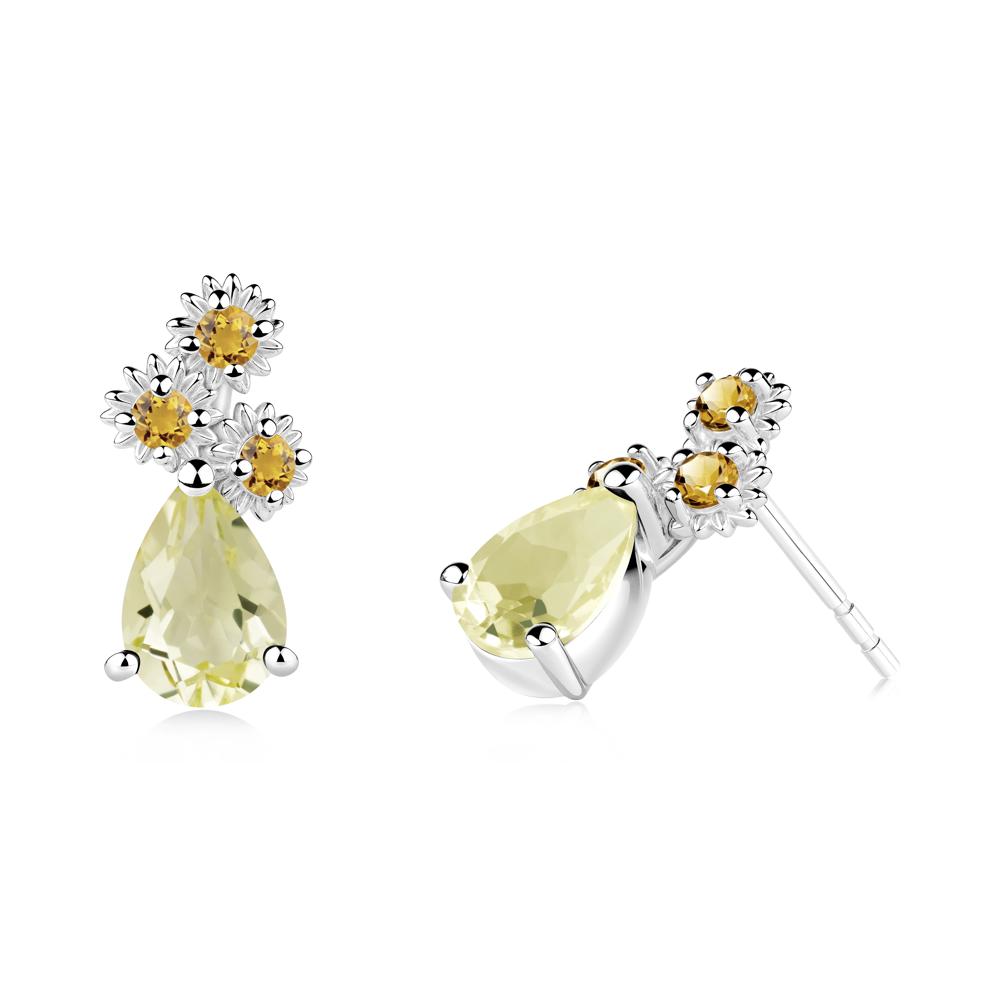 Pear Shaped Lemon Quartz and Citrine Sunflower Stud Earrings - LUO Jewelry #metal_18k white gold