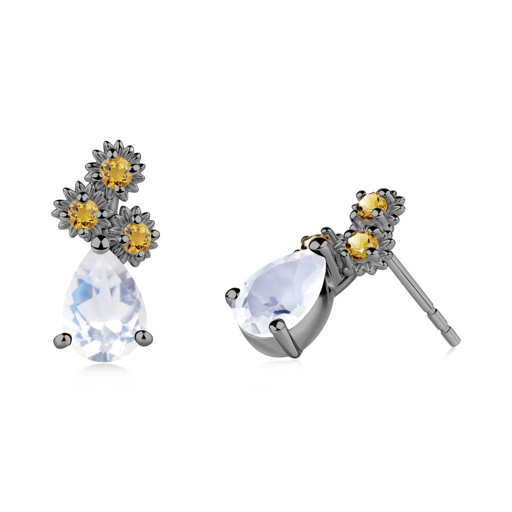 Pear Shaped Moonstone and Citrine Sunflower Stud Earrings - LUO Jewelry #metal_black finish sterling silver