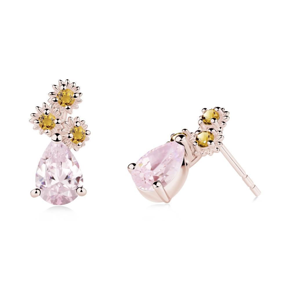 Teardrop Pink Cubic Zirconia and Citrine Flower Stud Earrings - LUO Jewelry #metal_14k rose gold