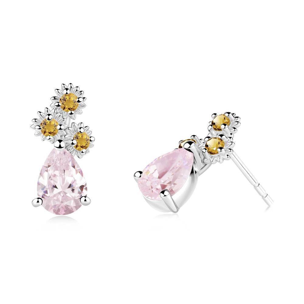 Teardrop Pink Cubic Zirconia and Citrine Flower Stud Earrings - LUO Jewelry #metal_18k white gold