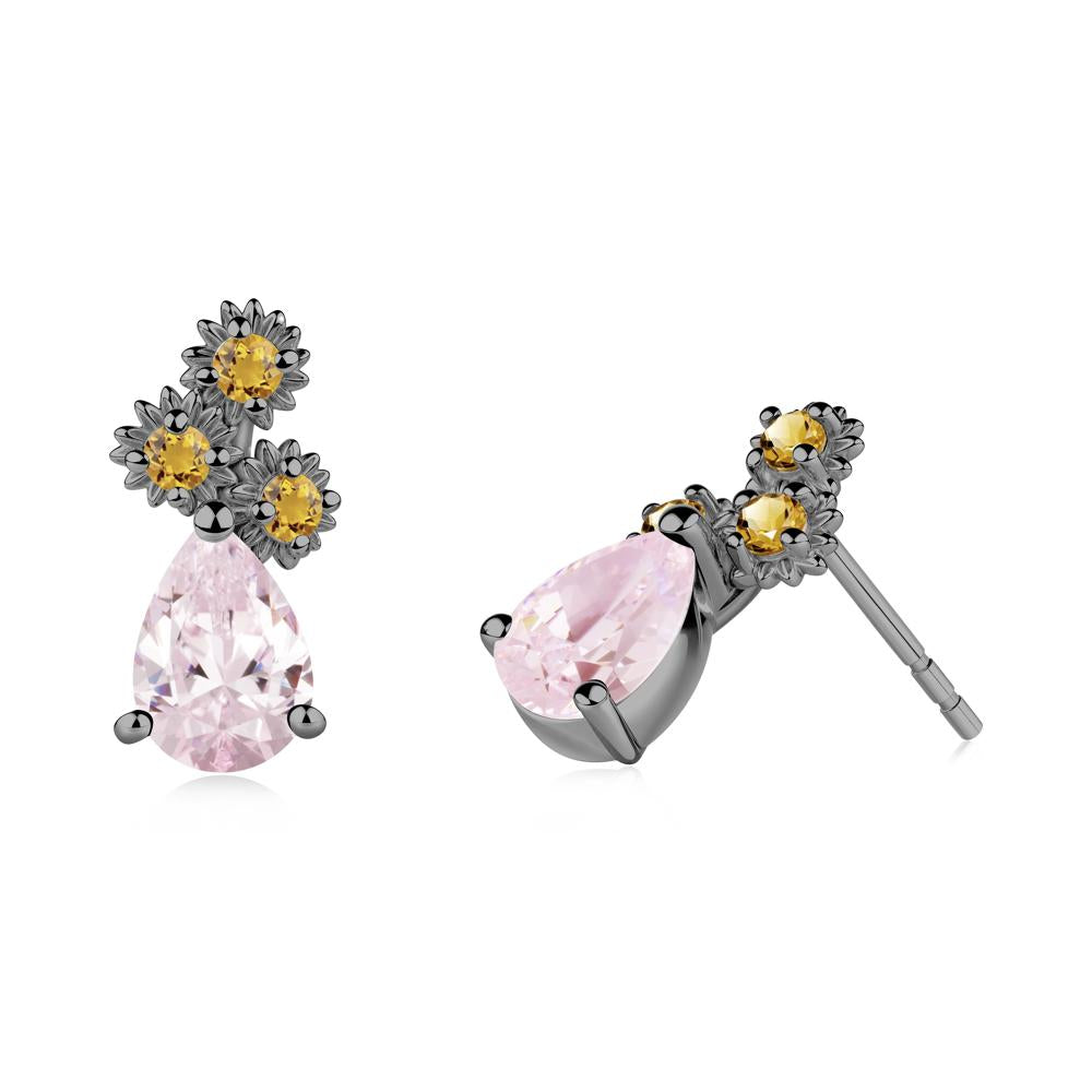 Teardrop Pink Cubic Zirconia and Citrine Flower Stud Earrings - LUO Jewelry #metal_black finish sterling silver