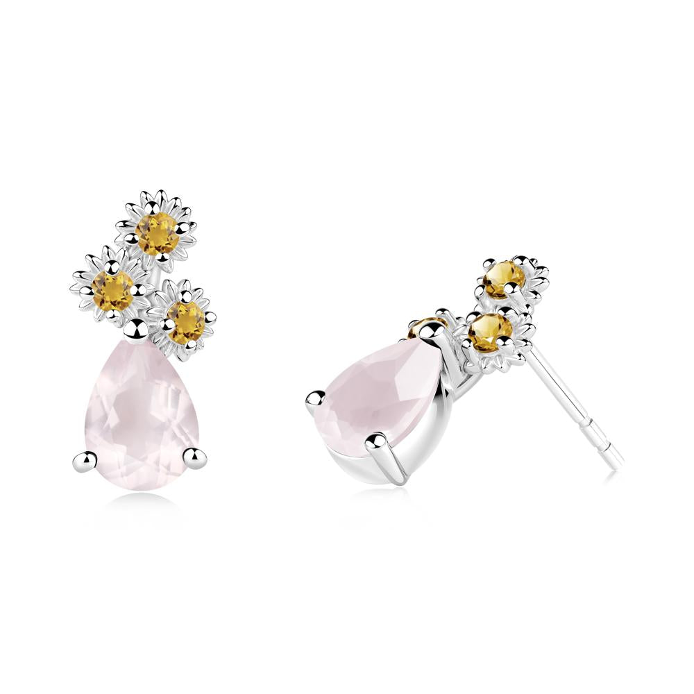 Teardrop Rose Quartz and Citrine Flower Stud Earrings - LUO Jewelry #metal_18k white gold