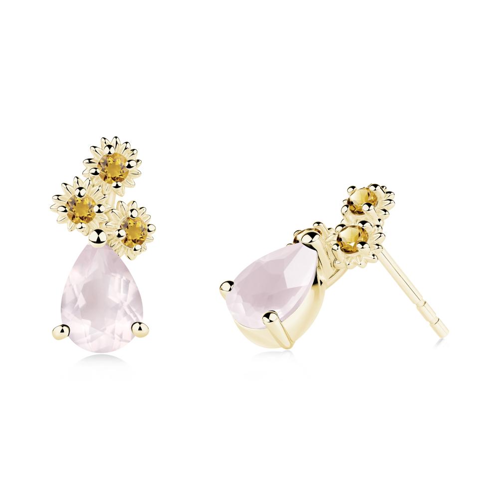 Teardrop Rose Quartz and Citrine Flower Stud Earrings - LUO Jewelry #metal_18k yellow gold