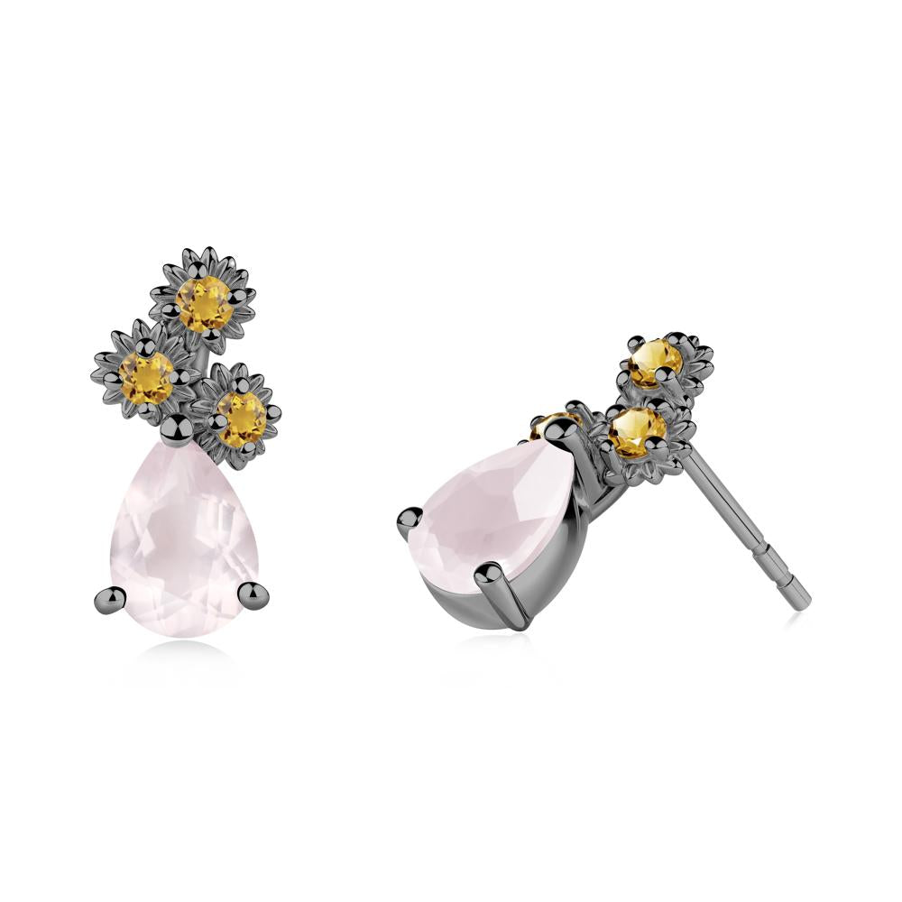 Teardrop Rose Quartz and Citrine Flower Stud Earrings - LUO Jewelry #metal_black finish sterling silver