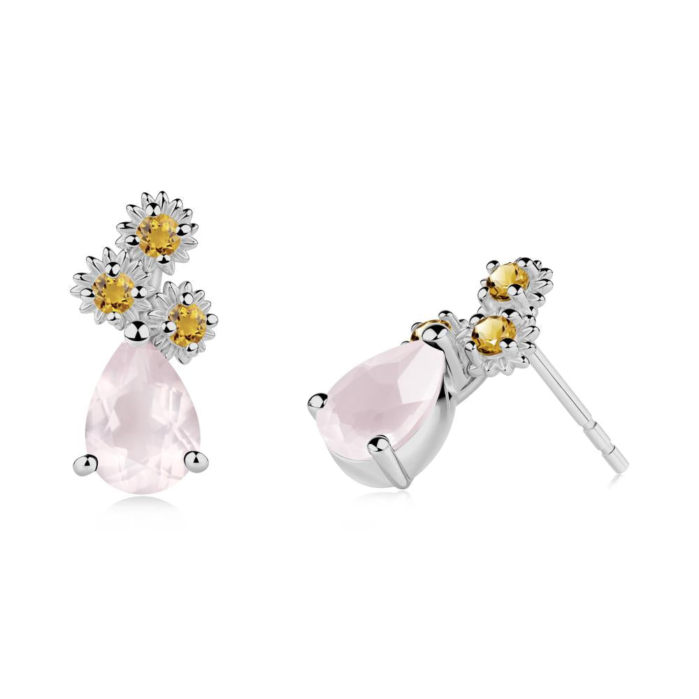 Teardrop Rose Quartz and Citrine Flower Stud Earrings - LUO Jewelry #metal_platinum
