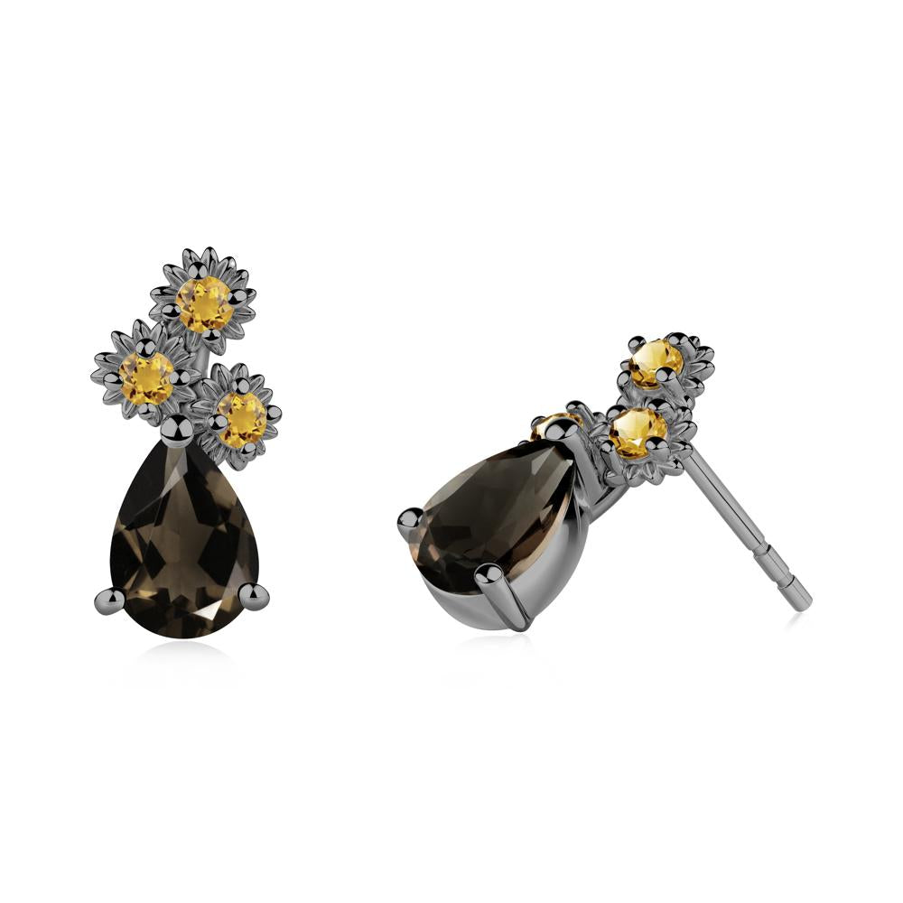 Pear Shaped Smoky Quartz and Citrine Sunflower Stud Earrings - LUO Jewelry #metal_black finish sterling silver