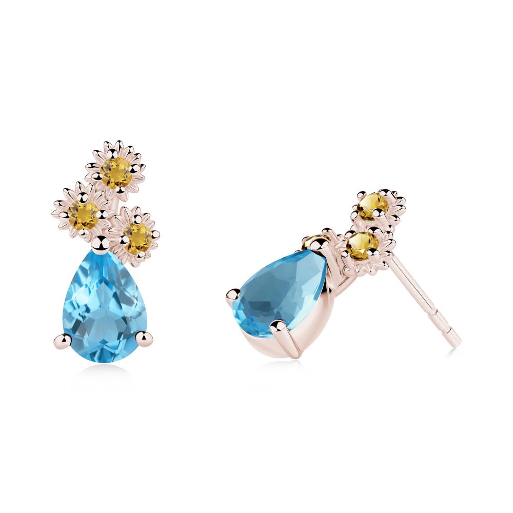 Pear Shaped Swiss Blue Topaz and Citrine Sunflower Stud Earrings - LUO Jewelry #metal_14k rose gold