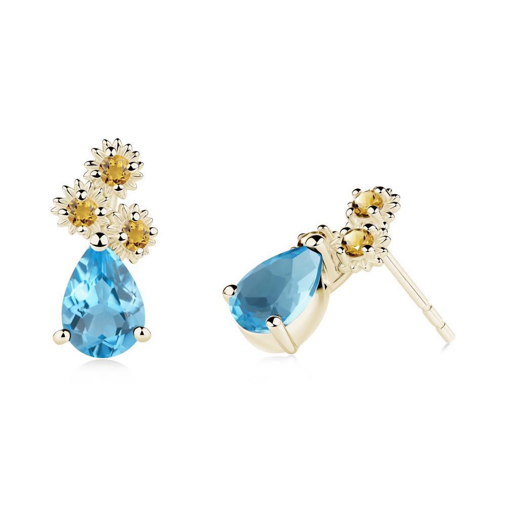Pear Shaped Swiss Blue Topaz and Citrine Sunflower Stud Earrings - LUO Jewelry #metal_14k yellow gold