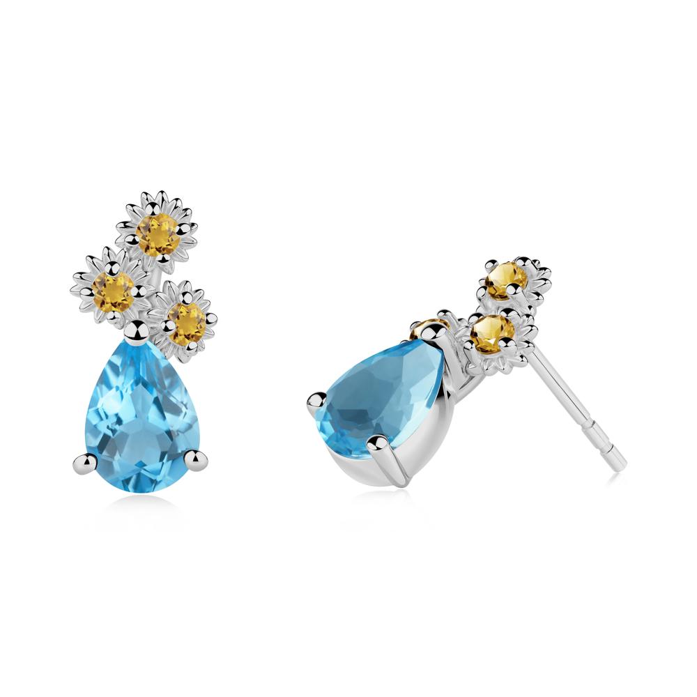 Pear Shaped Swiss Blue Topaz and Citrine Sunflower Stud Earrings - LUO Jewelry #metal_platinum