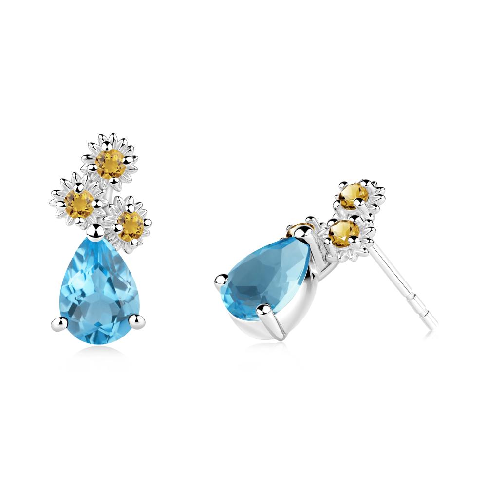 Pear Shaped Swiss Blue Topaz and Citrine Sunflower Stud Earrings - LUO Jewelry #metal_sterling silver