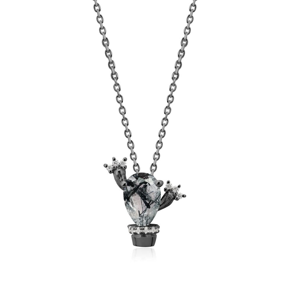 Unique Potted Plant Theme Black Rutilated Quartz Pendant Necklace - LUO Jewelry #metal_black finish sterling silver