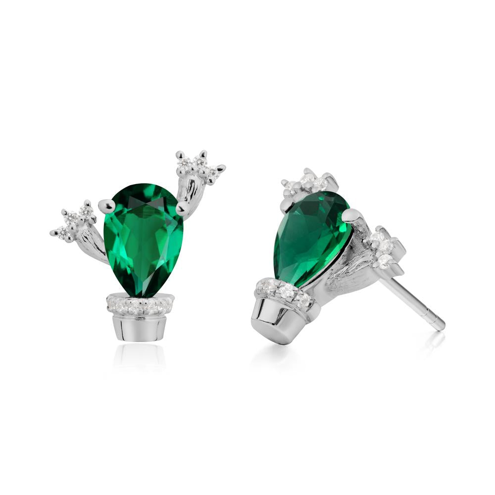 Pear Shaped Emerald Cactus Stud Earrings - LUO Jewelry #metal_platinum