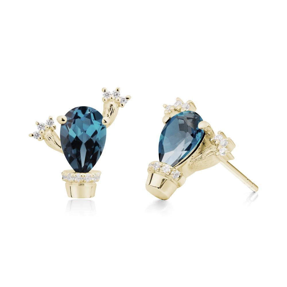 Pear Shaped London Blue Topaz Cactus Stud Earrings - LUO Jewelry #metal_14k yellow gold