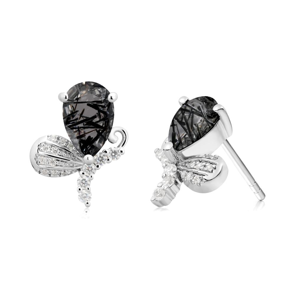 Pear Shaped Black Rutilated Quartz Butterfly Stud Earrings - LUO Jewelry #metal_14k white gold