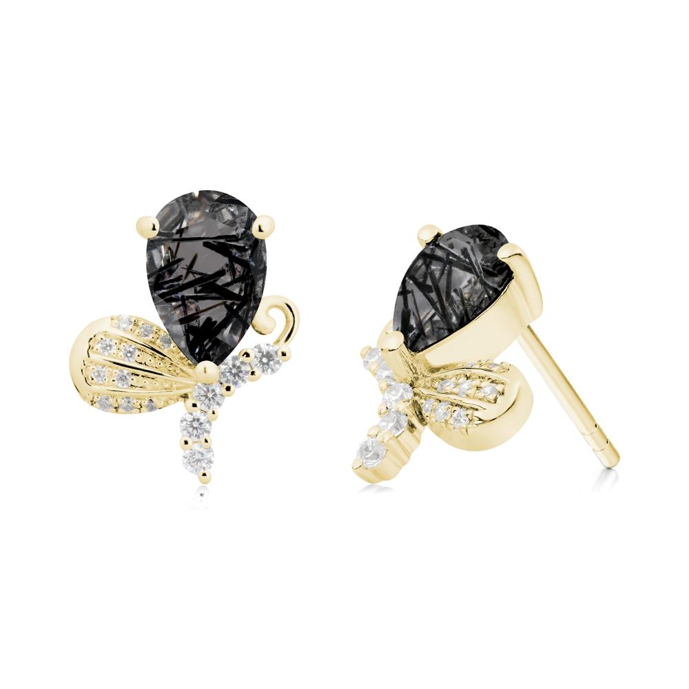 Pear Shaped Black Rutilated Quartz Butterfly Stud Earrings - LUO Jewelry #metal_18k yellow gold