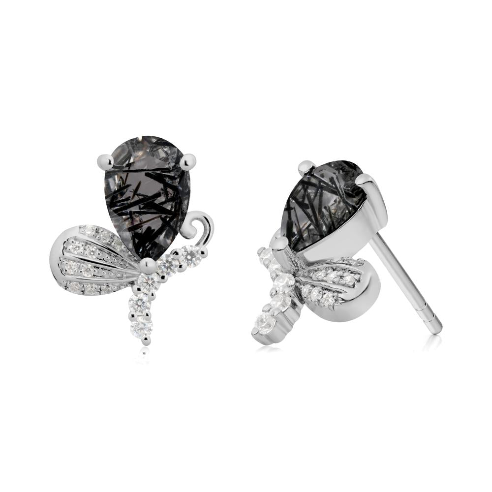Pear Shaped Black Rutilated Quartz Butterfly Stud Earrings - LUO Jewelry #metal_platinum