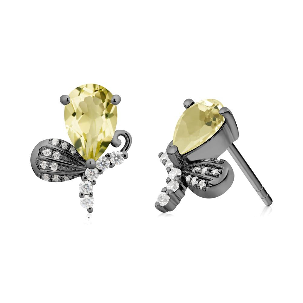 Pear Shaped Lemon Quartz Butterfly Stud Earrings - LUO Jewelry #metal_black finish sterling silver