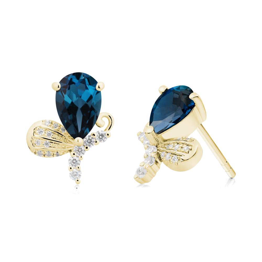 Pear Shaped London Blue Topaz Butterfly Stud Earrings - LUO Jewelry #metal_18k yellow gold