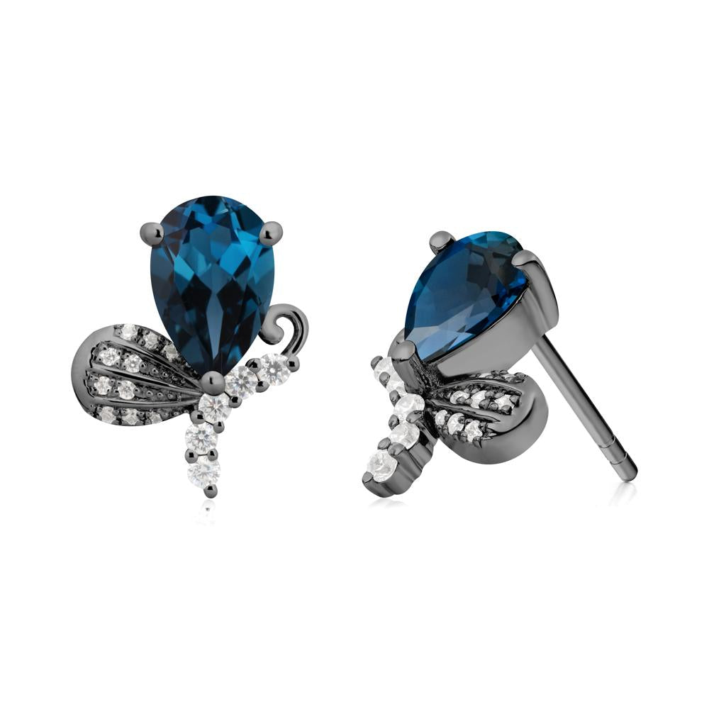 Pear Shaped London Blue Topaz Butterfly Stud Earrings - LUO Jewelry #metal_black finish sterling silver