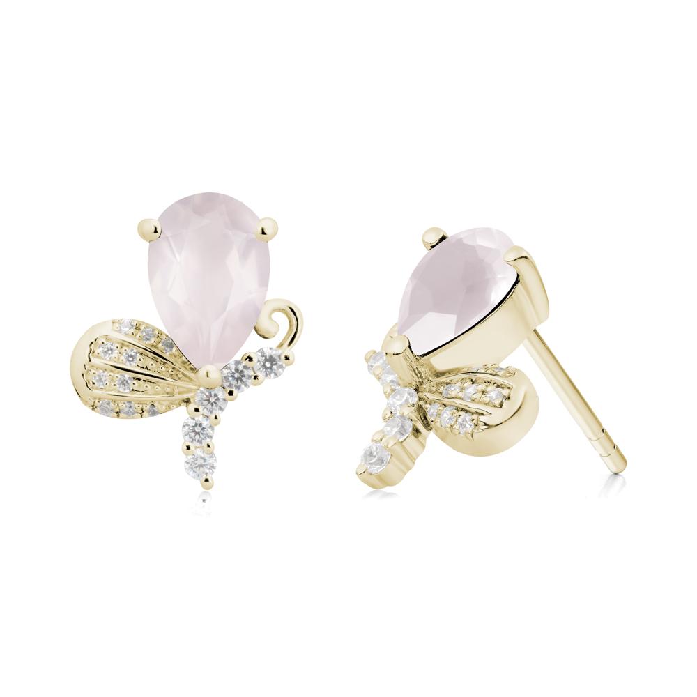 Pear Shaped Rose Quartz Butterfly Stud Earrings - LUO Jewelry #metal_14k yellow gold