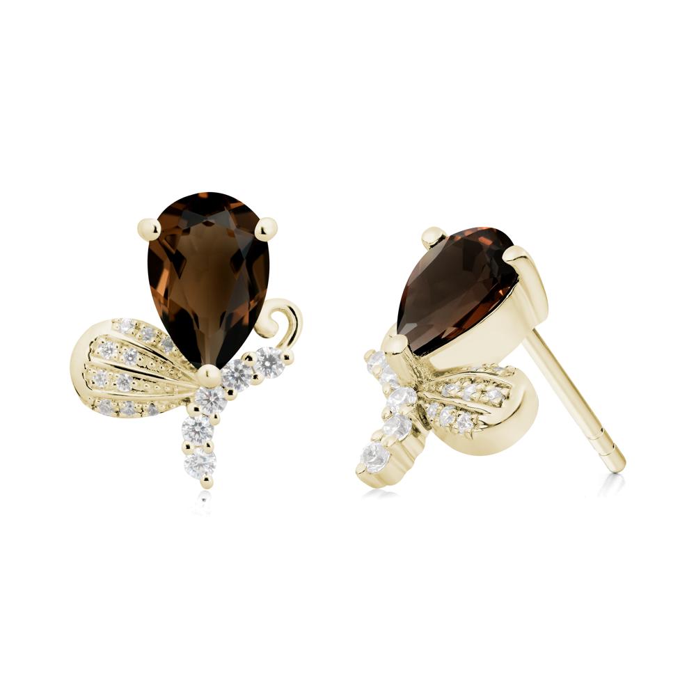 Pear Shaped Smoky Quartz Butterfly Stud Earrings - LUO Jewelry #metal_14k yellow gold