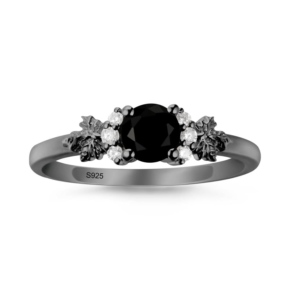 Maple Leaf Ring with Round Black Spinel - LUO Jewelry #metal_black finish sterling silver