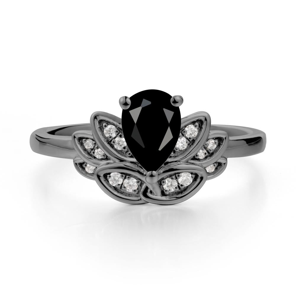 Lotus Flower Ring with Pear Cut Black Spinel - LUO Jewelry #metal_black finish sterling silver