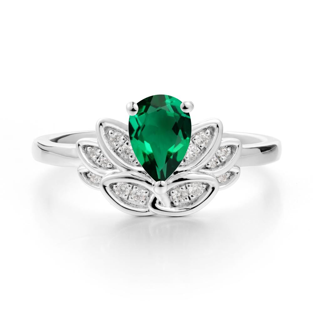 Lotus Flower Ring with Pear Cut Emerald - LUO Jewelry #metal_14k white gold